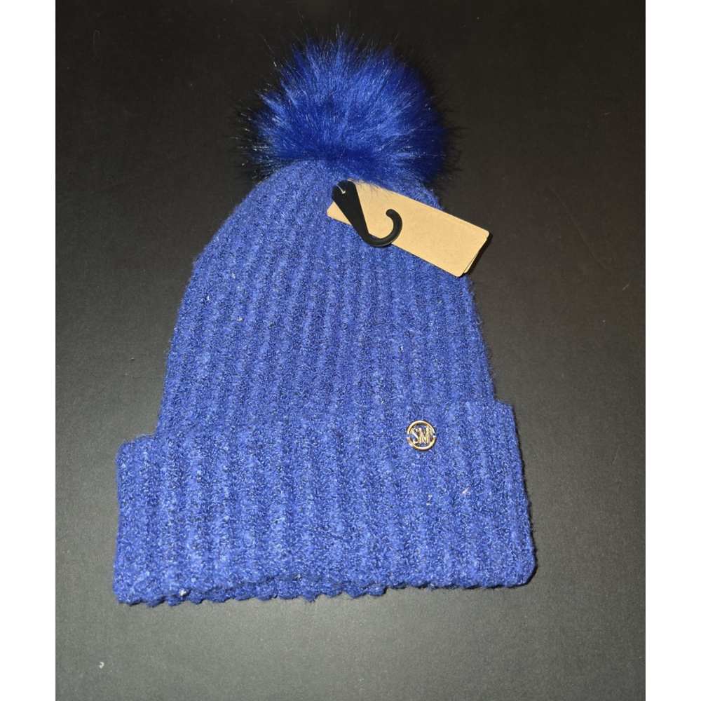 NEW Steve Madden Fuzzy Cloud Knit Faux Fur Pom Pom Beanie Cobalt Blue Winter Hat - Picture 2 of 4